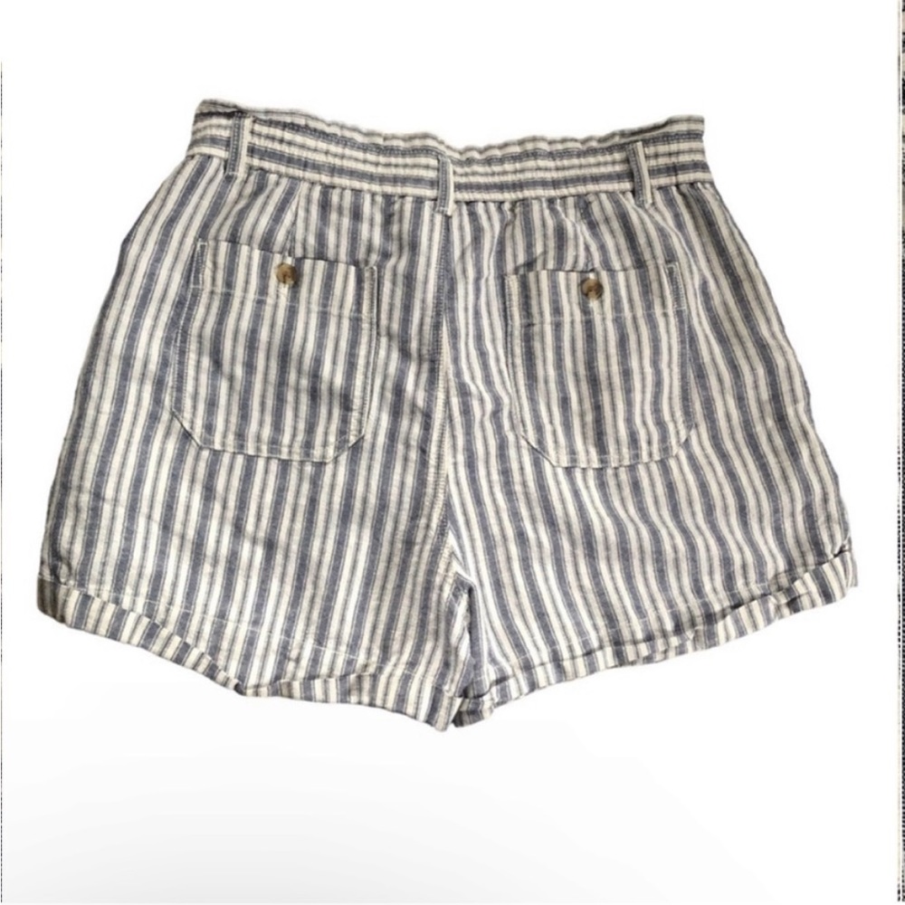 GAP High-Rise Paper Bag Waist Shorts Linen Cotton Navy White Stripe Coastal 14P - Picture 2 of 11